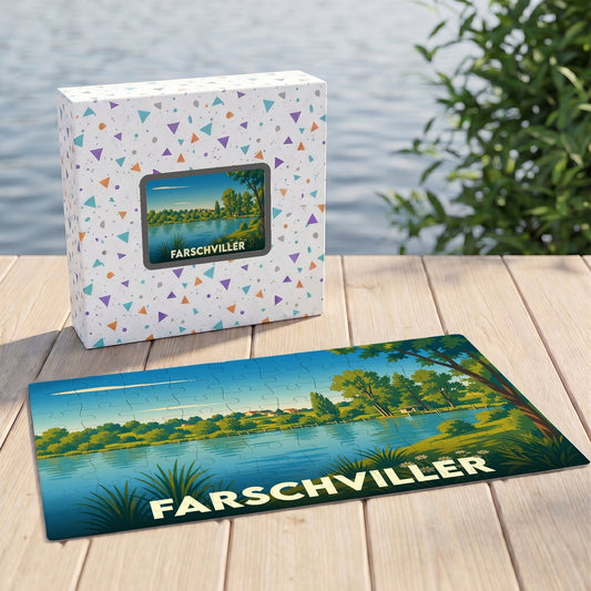 Puzzle souvenir de la ville de Farschviller avec une illustration stylisée d'un paysage lacustre.