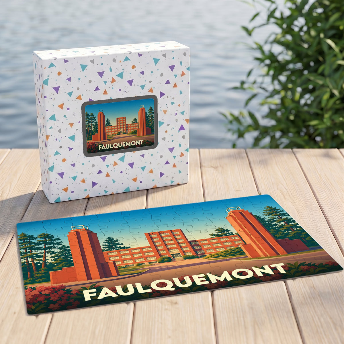 Puzzle souvenir de la ville de Faulquemont avec une illustration stylisée.