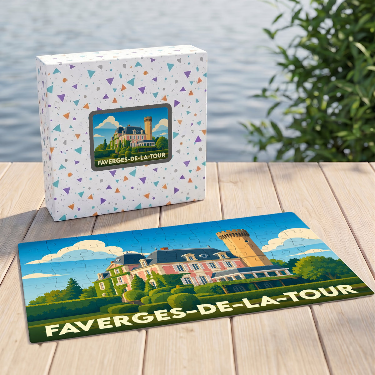 Puzzle souvenir de la ville de Faverges-de-la-Tour avec une illustration stylisée de son château.