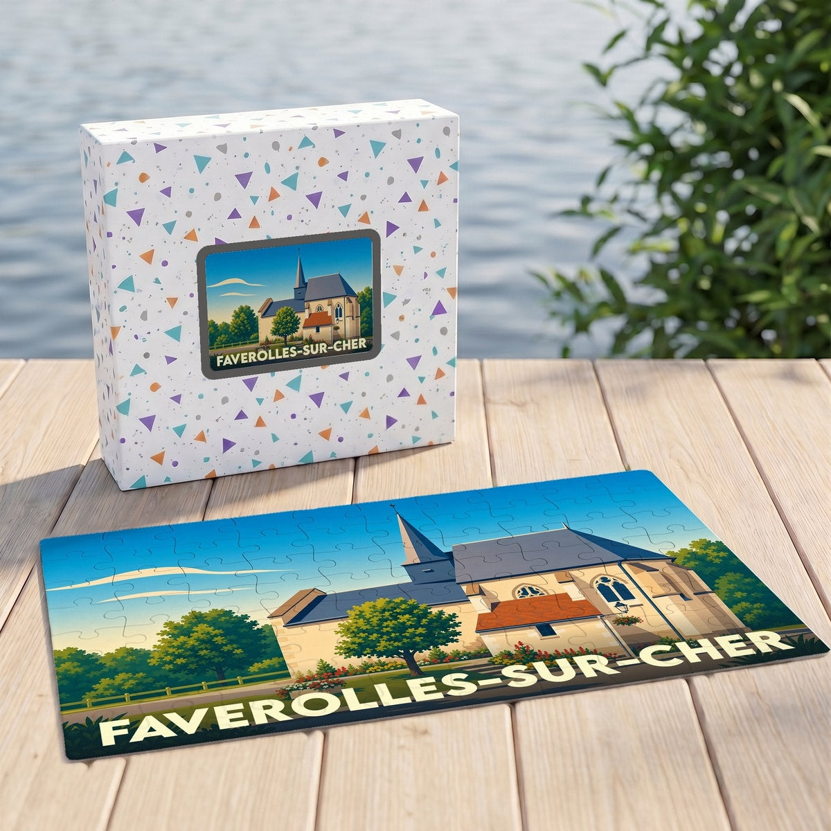 Puzzle souvenir de la ville de Faverolles-sur-Cher avec une illustration stylisée d'une église locale.
