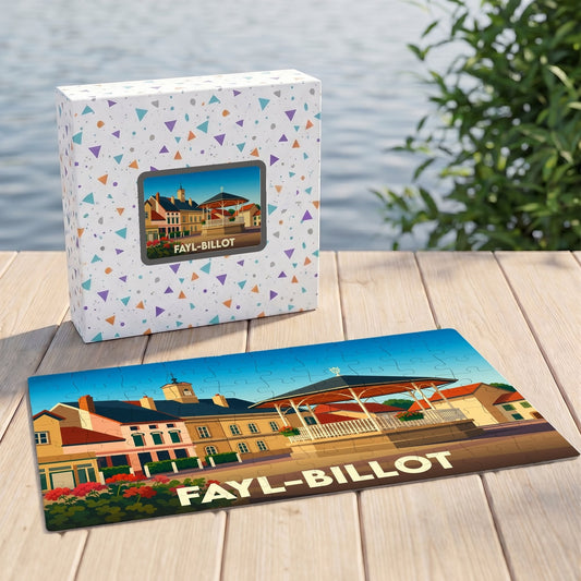 Puzzle souvenir de la ville de Fayl-Billot avec une illustration stylisée d'un kiosque et de son centre-ville.