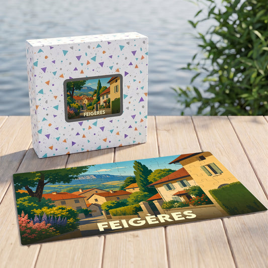 Puzzle souvenir de la ville de Feigères avec une illustration de paysage colorée.