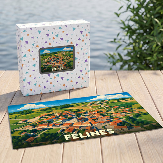 Puzzle souvenir de la ville de Félines avec une illustration stylisée d'une vue aérienne.