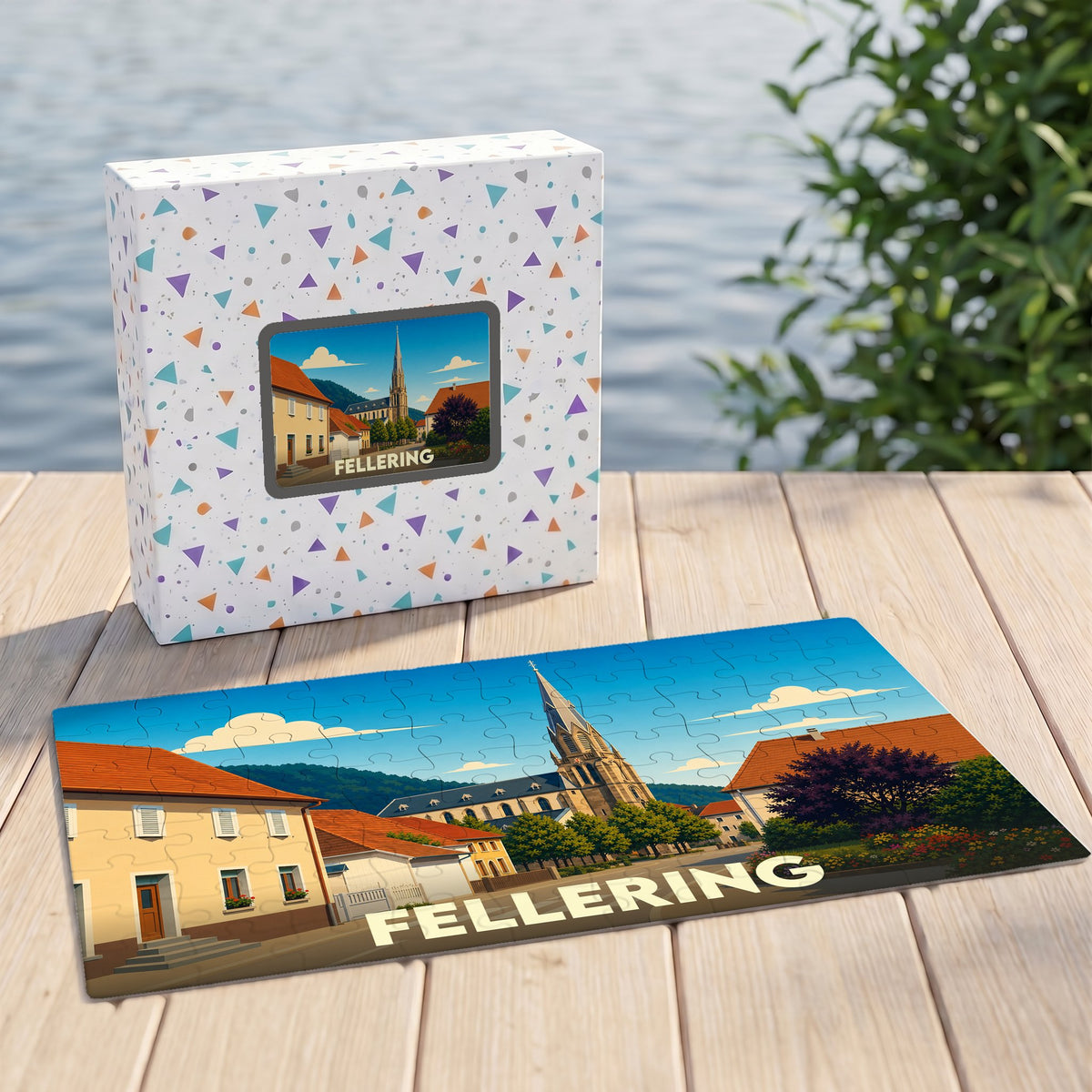Puzzle souvenir de la ville de Fellering avec une illustration stylisée d'un paysage urbain.