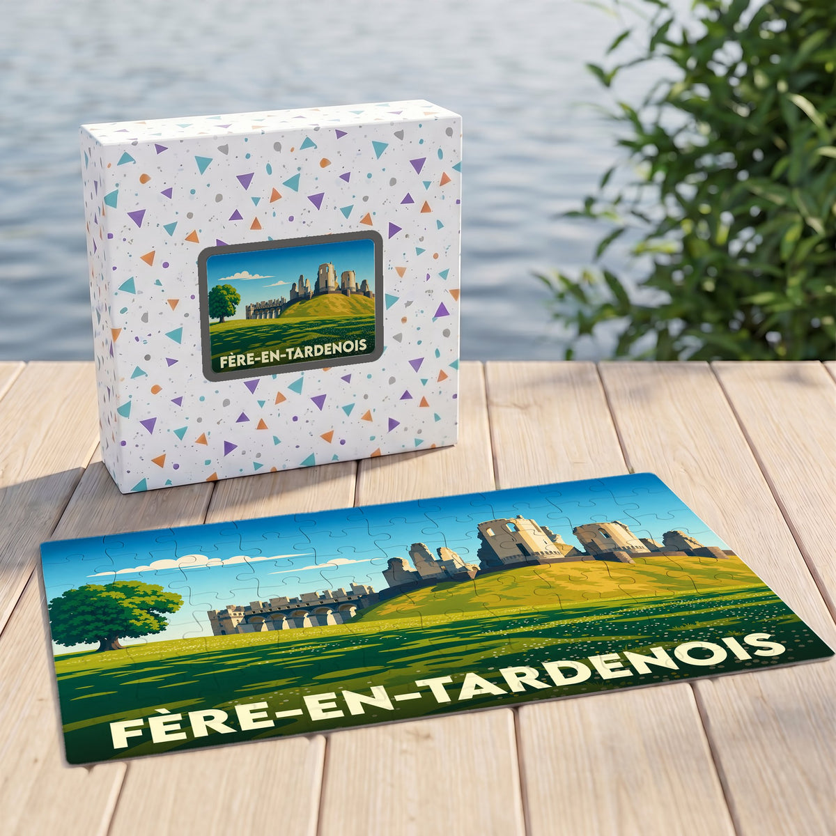 Puzzle souvenir de la ville de Fère-en-Tardenois avec une illustration stylisée de ses ruines médiévales.