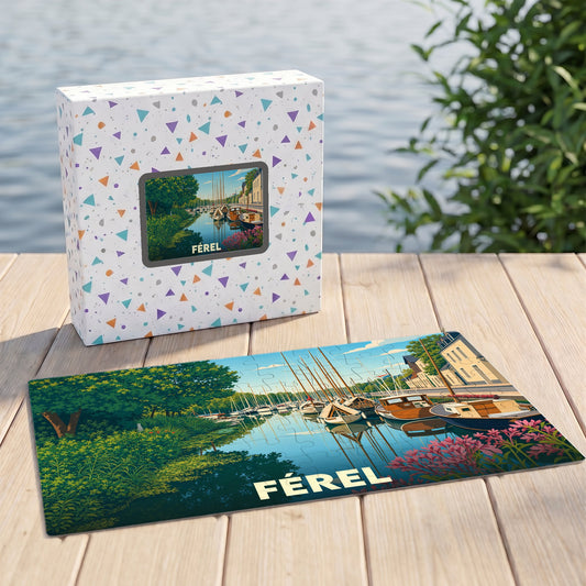 Puzzle souvenir de la ville de Férel illustrant un port de plaisance paisible.
