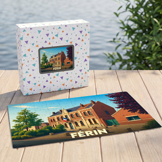 Puzzle souvenir de la ville de Férin avec une illustration stylisée de sa mairie.