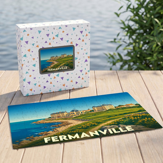 Puzzle souvenir de la ville de Fermanville avec une illustration stylisée d'un paysage côtier.