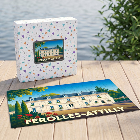 Puzzle souvenir de la ville de Férolles-Attilly avec une illustration stylisée d'un bâtiment historique.