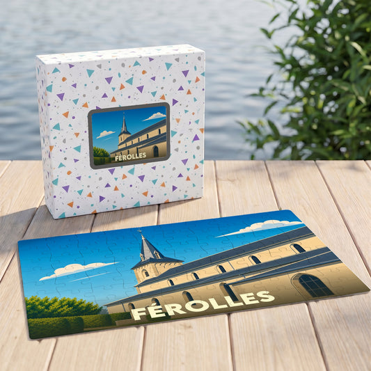Puzzle souvenir de la ville de Férolles avec une illustration stylisée d'un monument local.