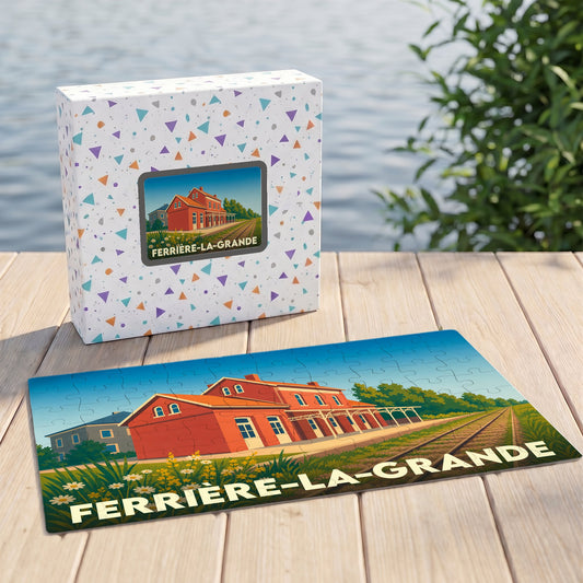Puzzle souvenir de la ville de Ferrière-la-Grande avec une illustration stylisée d'une gare ferroviaire.