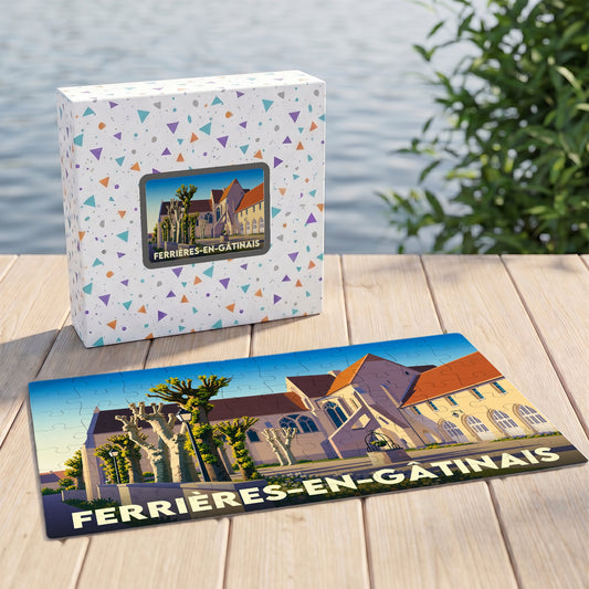 Puzzle souvenir de la ville de Ferrières-en-Gâtinais avec une illustration stylisée.