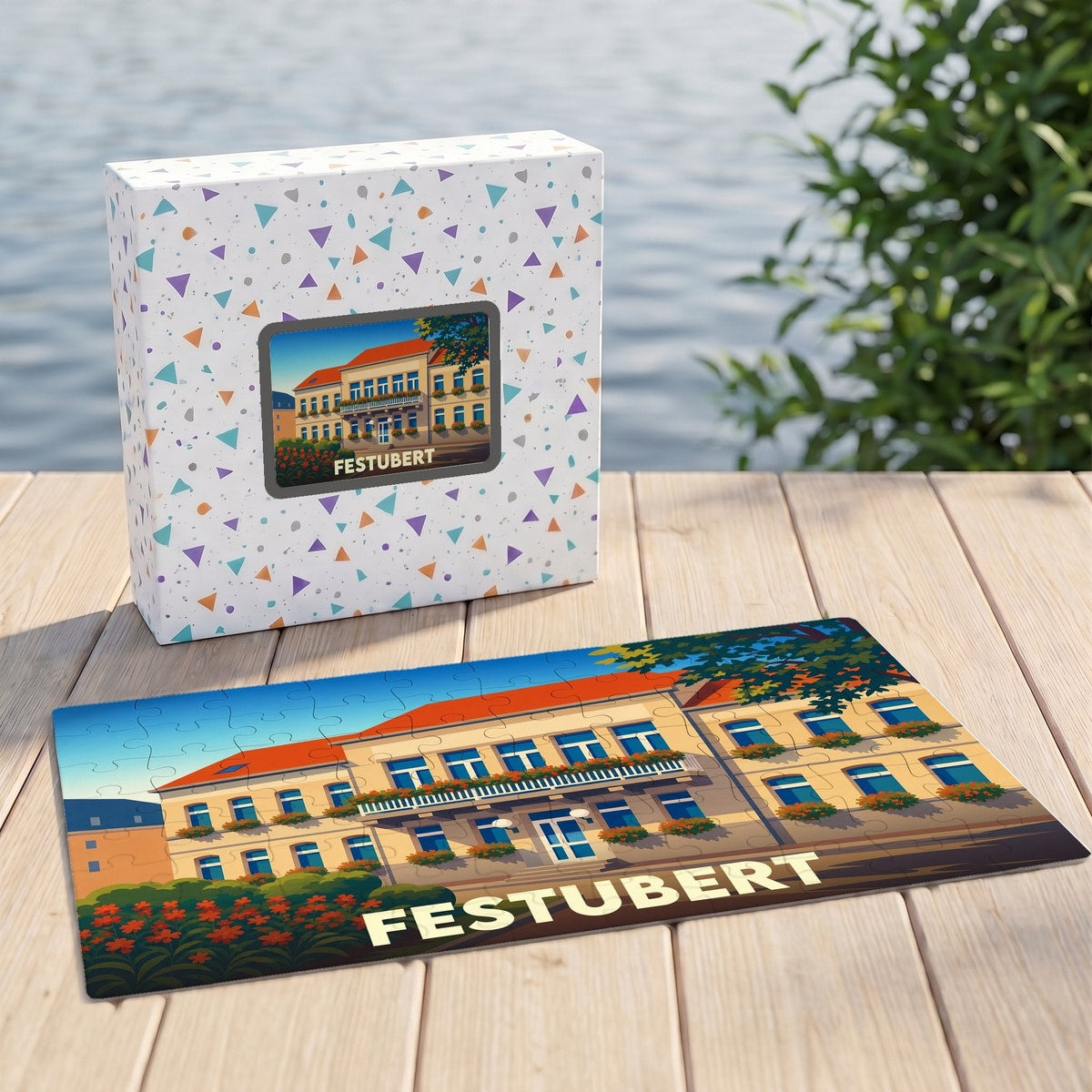 Puzzle souvenir de la ville de Festubert avec une illustration stylisée d'un bâtiment fleuri.