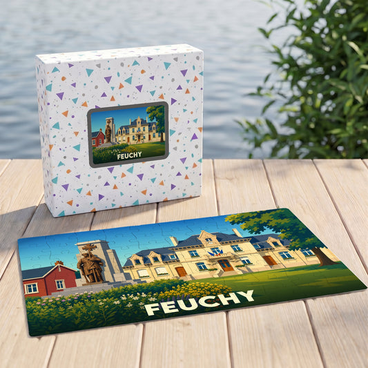 Puzzle souvenir de la ville de Feuchy avec une illustration stylisée d'un bâtiment historique et d'un monument.