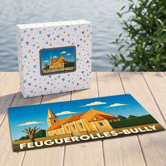 Puzzle souvenir de la ville de Feuguerolles-Bully avec une illustration stylisée de son église.