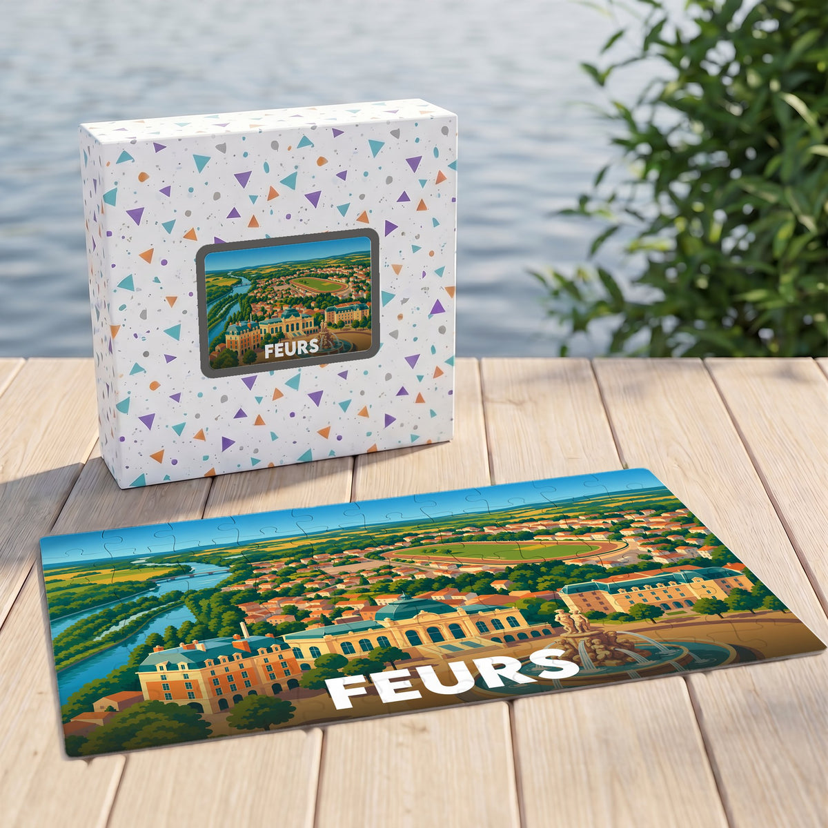 Puzzle souvenir de la ville de Feurs avec une illustration panoramique stylisée.