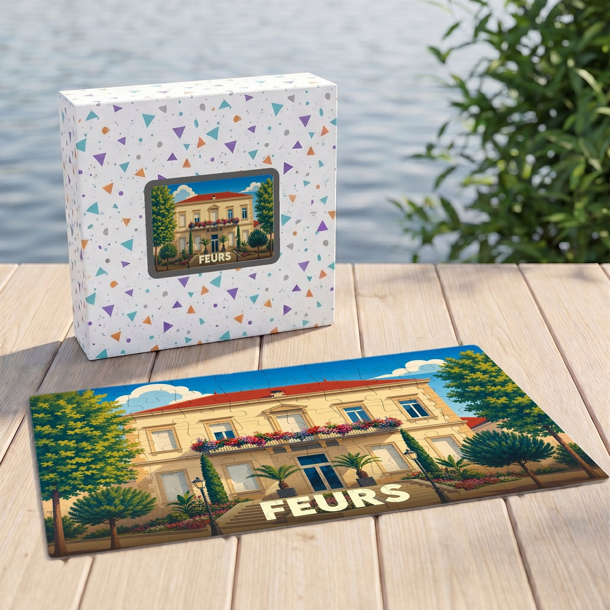 Puzzle souvenir de la ville de Feurs illustrant un bâtiment historique entouré de végétation.