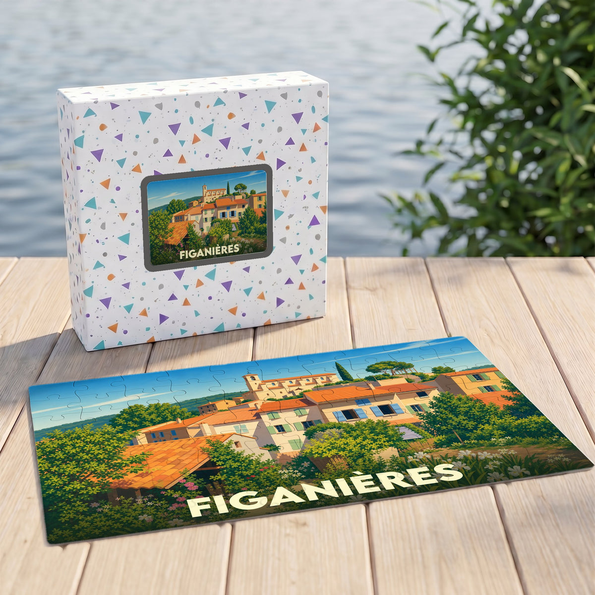 Puzzle souvenir de la ville de Figanières illustré par un paysage provençal coloré.