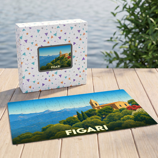 Puzzle souvenir de la ville de Figari représentant un paysage ensoleillé avec son église.