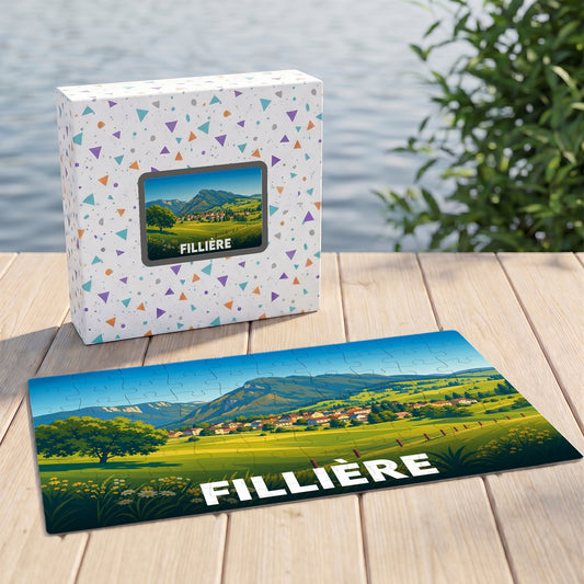Puzzle souvenir de la ville de Fillière avec une illustration stylisée d'un paysage montagneux.