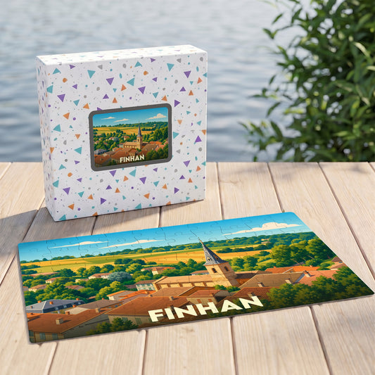 Puzzle souvenir de la ville de Finhan avec une illustration panoramique stylisée.