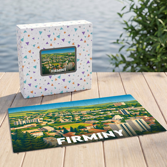 Puzzle souvenir de la ville de Firminy avec une illustration stylisée et sa boîte assortie.