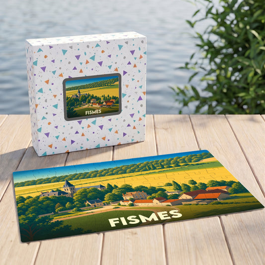 Puzzle souvenir de la ville de Fismes avec une illustration stylisée de son paysage champêtre.