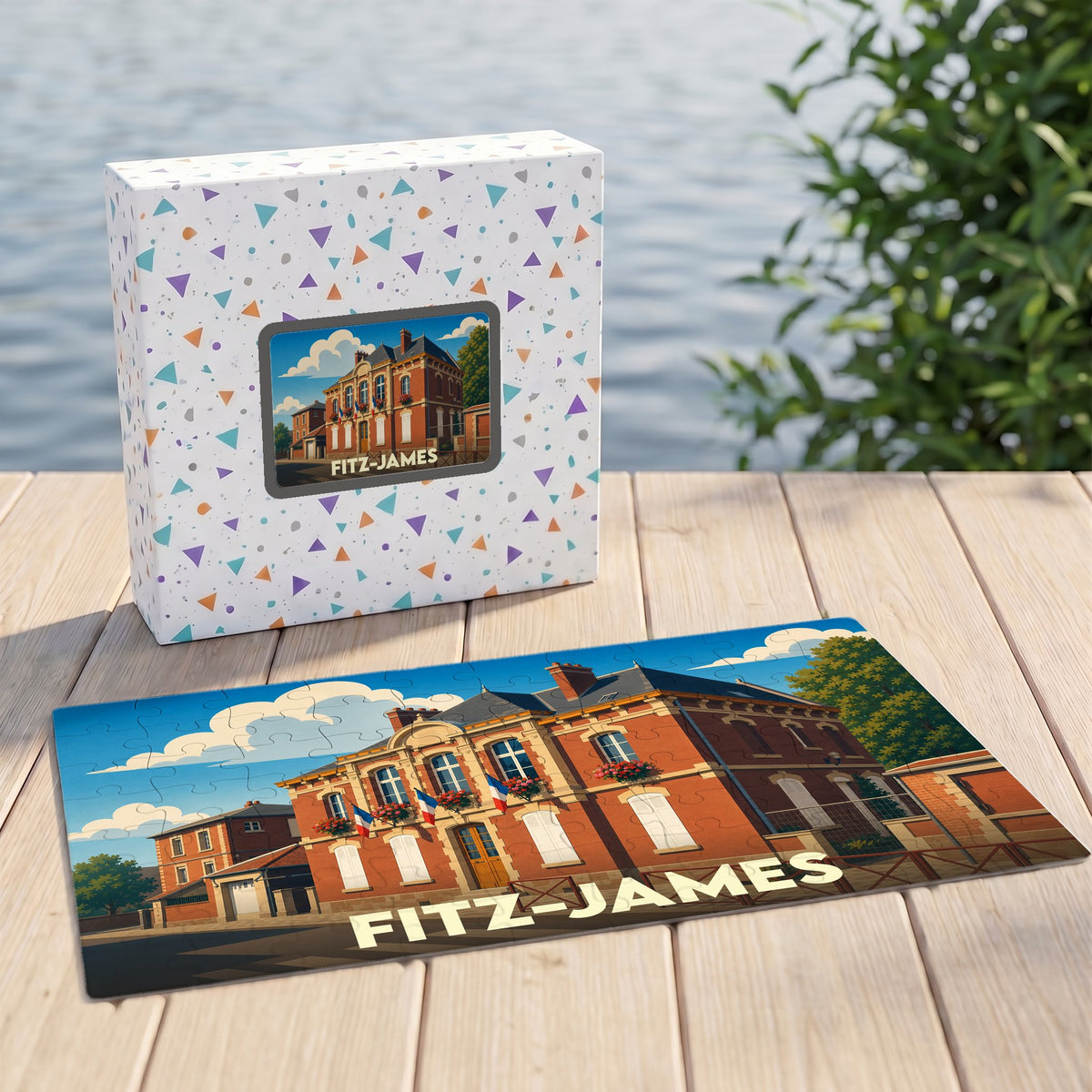 Puzzle souvenir de la ville de Fitz-James avec une illustration stylisée d'un bâtiment historique.