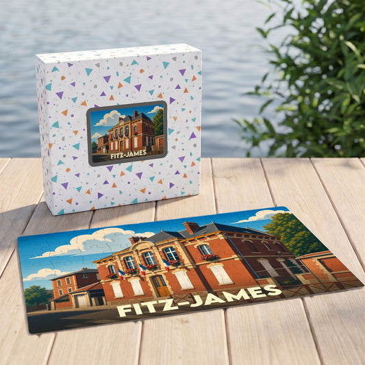 Puzzle souvenir de la ville de Fitz-James avec une illustration stylisée d'un bâtiment historique.