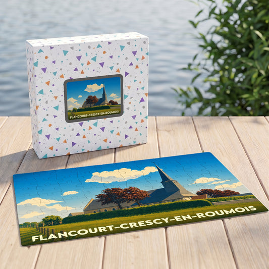 Puzzle souvenir de la commune de Flancourt-Crescy-en-Roumois avec une illustration stylisée de son église.