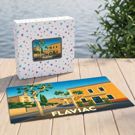 Puzzle souvenir de la ville de Flaviac avec une illustration stylisée et sa boîte assortie.