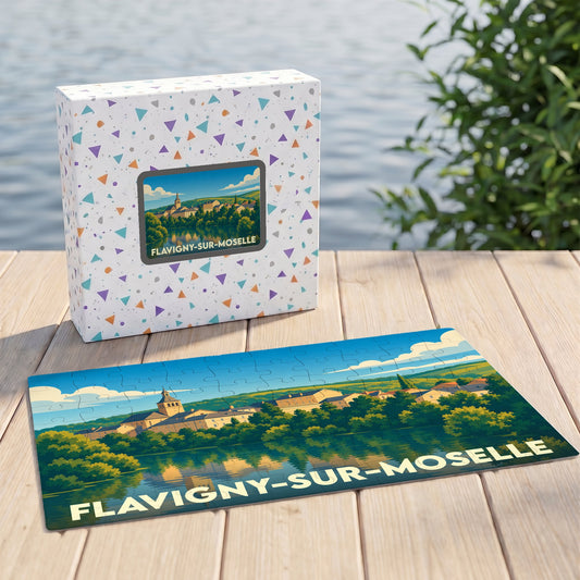 Puzzle souvenir de la ville de Flavigny-sur-Moselle avec une illustration paysagère stylisée.