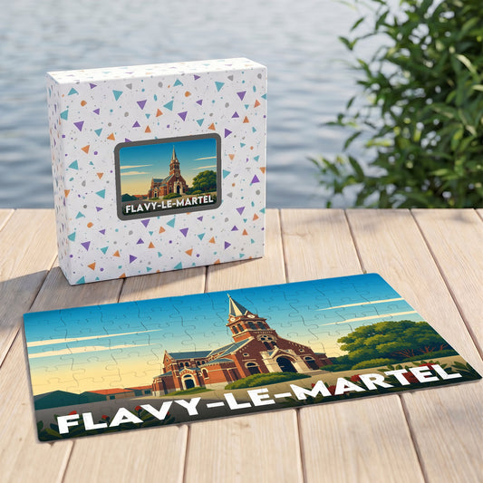 Puzzle souvenir de la ville de Flavy-le-Martel avec une illustration stylisée de son église.