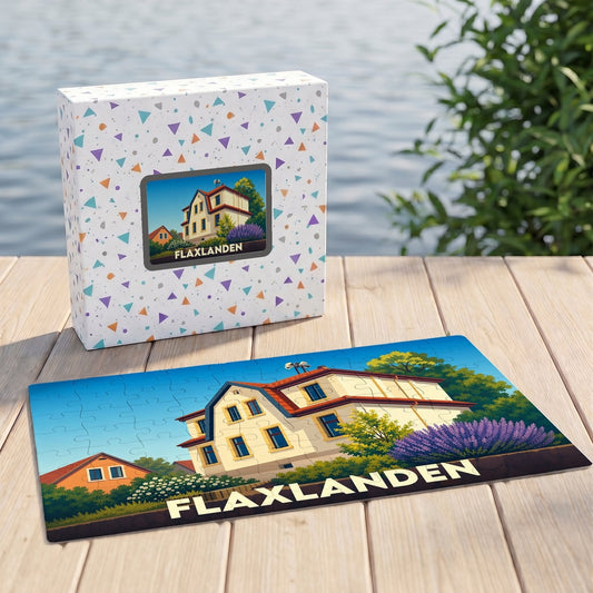 Puzzle souvenir de la ville de Flaxlanden avec une illustration colorée d'une maison de campagne.