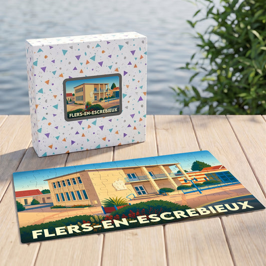 Puzzle souvenir de la ville de Flers-en-Escrebieux avec une illustration stylisée de son architecture.