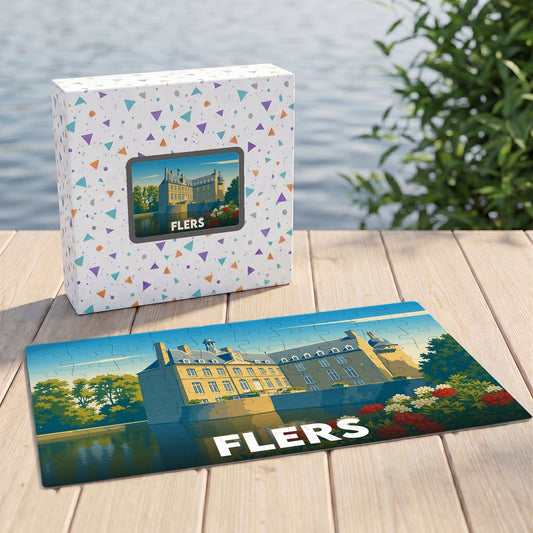 Puzzle souvenir de la ville de Flers avec une illustration stylisée de son château.
