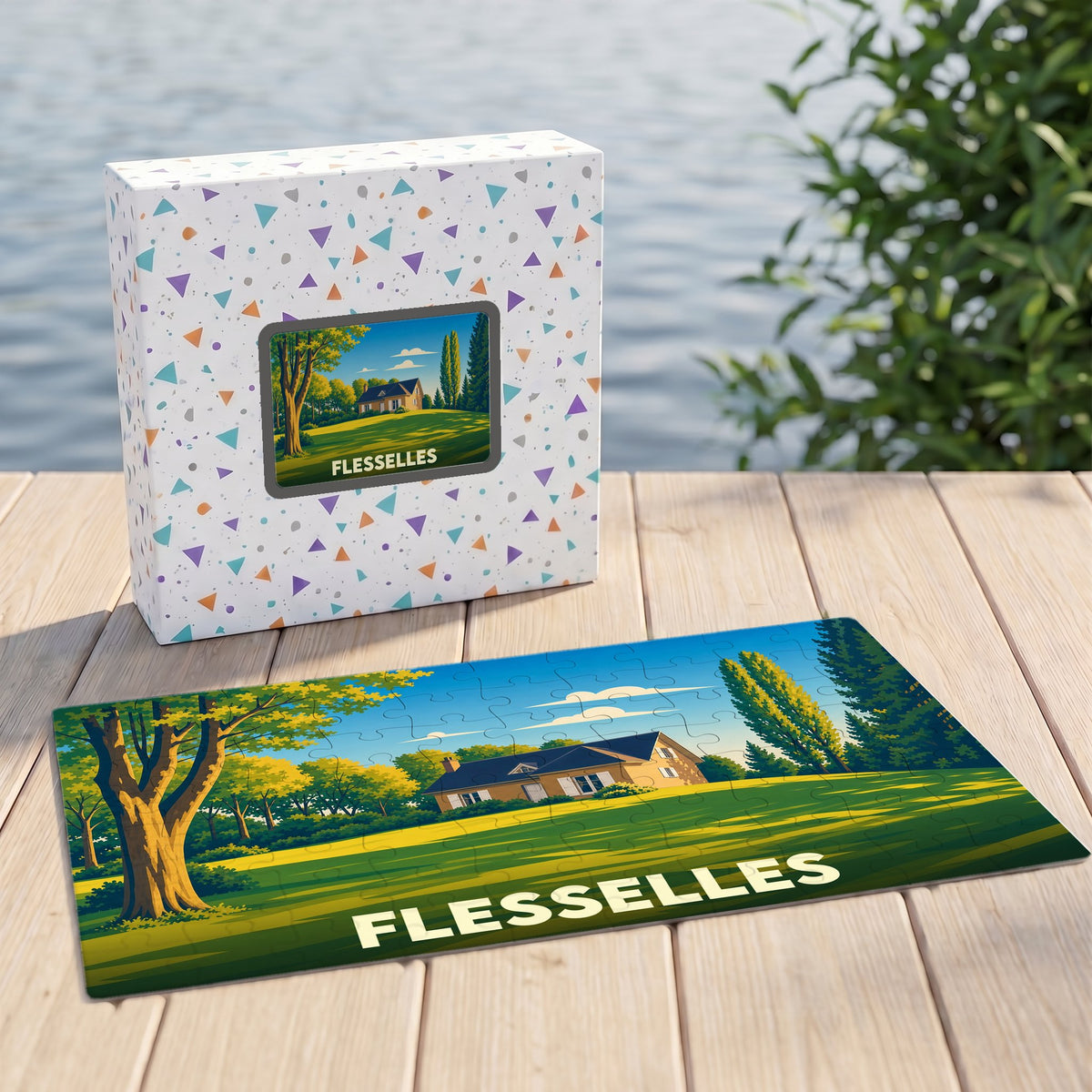 Puzzle souvenir de la ville de Flesselles avec une illustration paysagère stylisée.