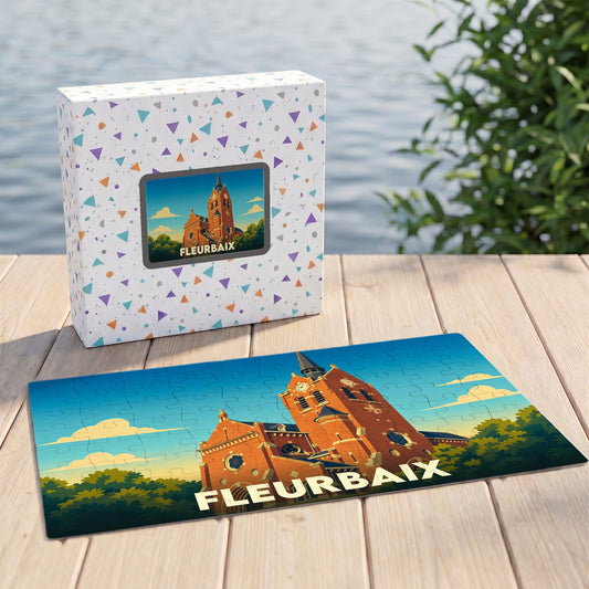 Puzzle souvenir de la ville de Fleurbaix représentant son église dans un style illustré.