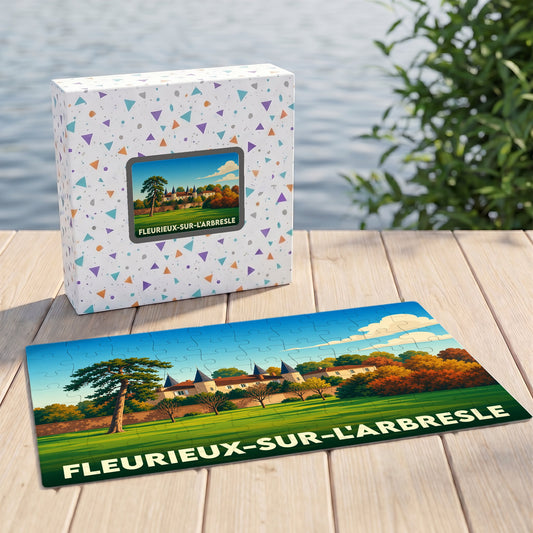 Puzzle souvenir de la ville de Fleurieux-sur-l'Arbresle avec une illustration stylisée d'un domaine paysager.