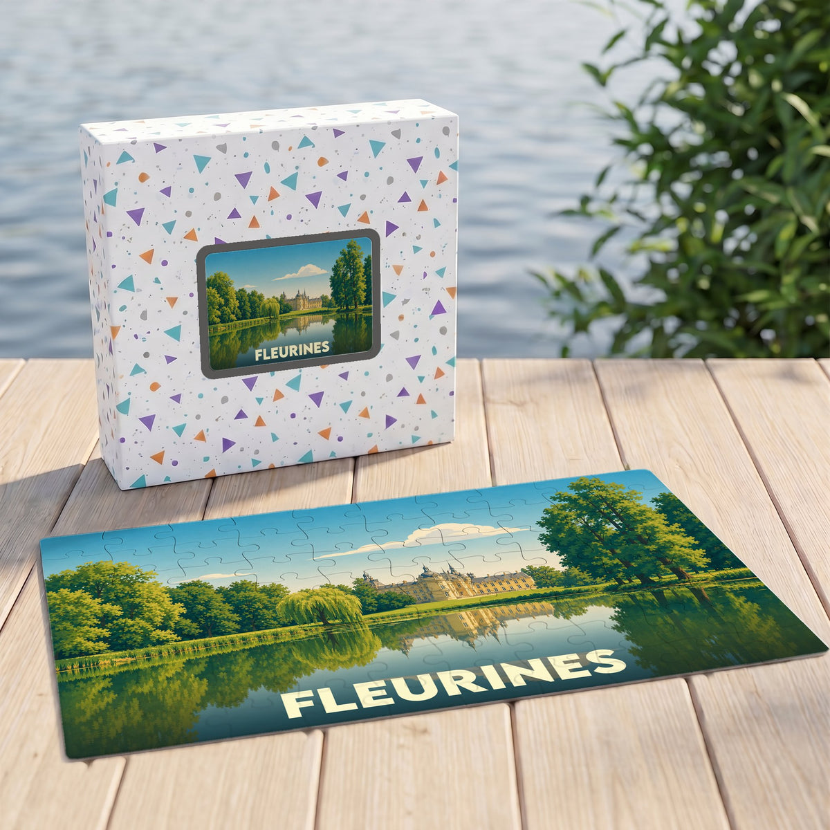 Puzzle souvenir de la ville de Fleurines représentant un château au bord de l'eau avec une illustration stylisée.