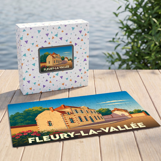 Puzzle souvenir de la ville de Fleury-la-Vallée avec une illustration stylisée.