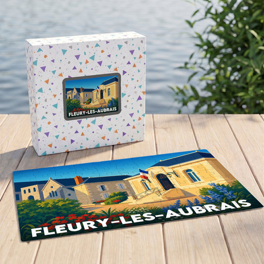 Puzzle souvenir de la ville de Fleury-les-Aubrais avec une illustration stylisée de son hôtel de ville.
