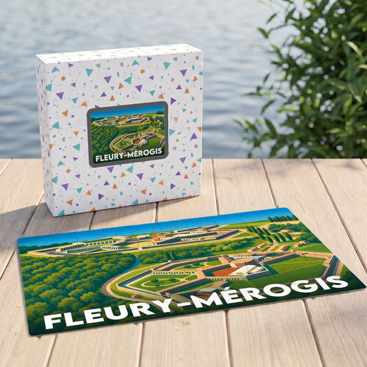 Puzzle souvenir de la ville de Fleury-Mérogis avec une illustration stylisée vue du ciel.