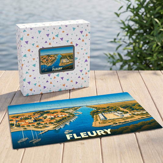 Puzzle souvenir de la ville de Fleury avec une illustration stylisée de son port.