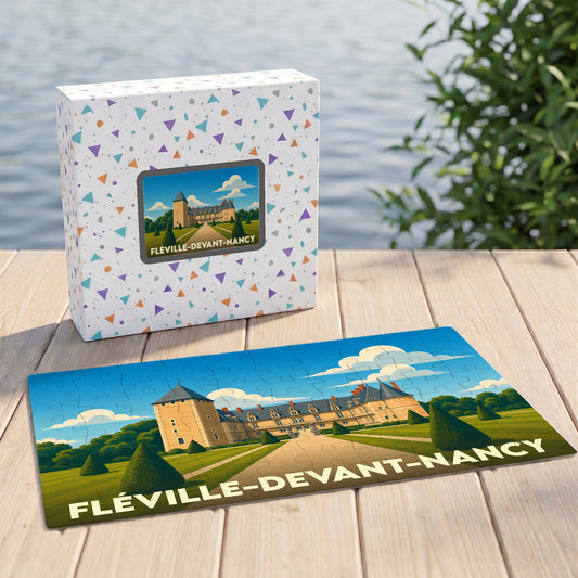 Puzzle souvenir de Fléville-devant-Nancy avec une illustration stylisée de son château.
