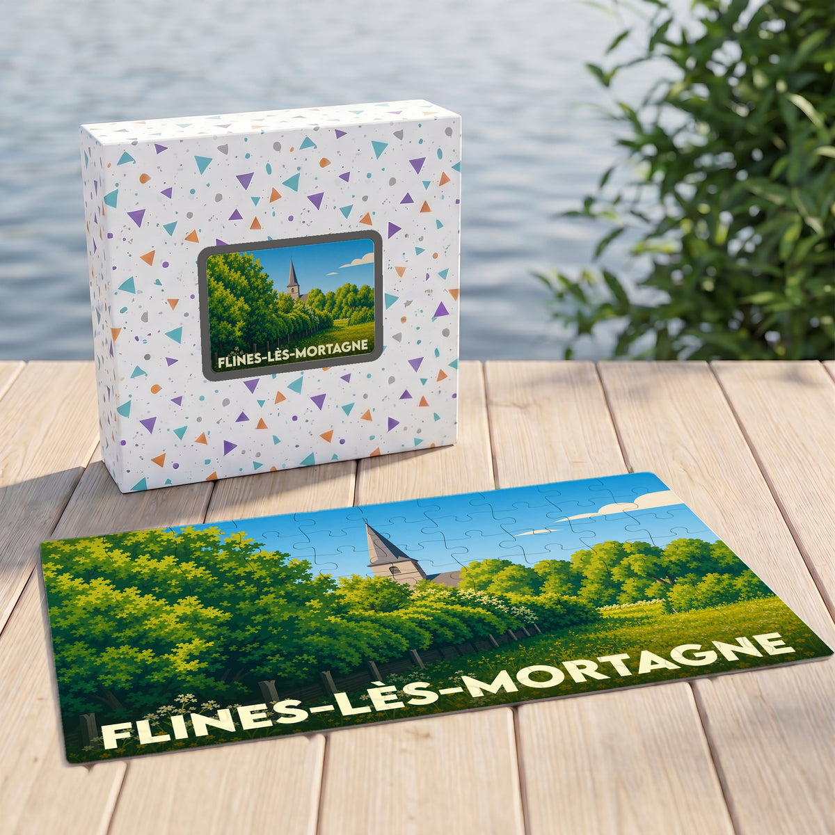 Puzzle souvenir de la ville de Flines-lès-Mortagne avec une illustration paysagère stylisée.