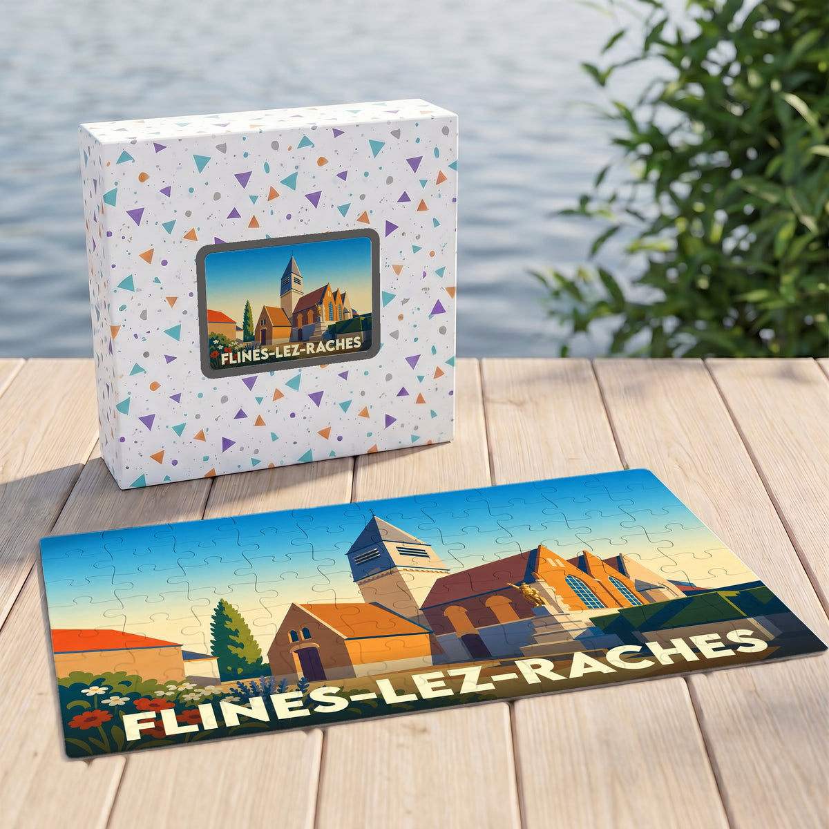 Puzzle souvenir de la ville de Flines-lez-Raches avec une illustration stylisée de son église.