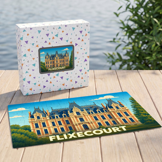 Puzzle souvenir de la ville de Flixecourt avec une illustration stylisée du château local.