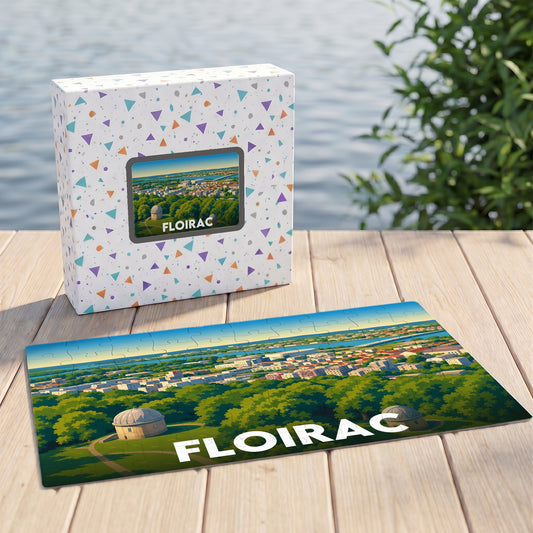 Puzzle souvenir de la ville de Floirac avec une illustration stylisée de son observatoire et de son panorama urbain.