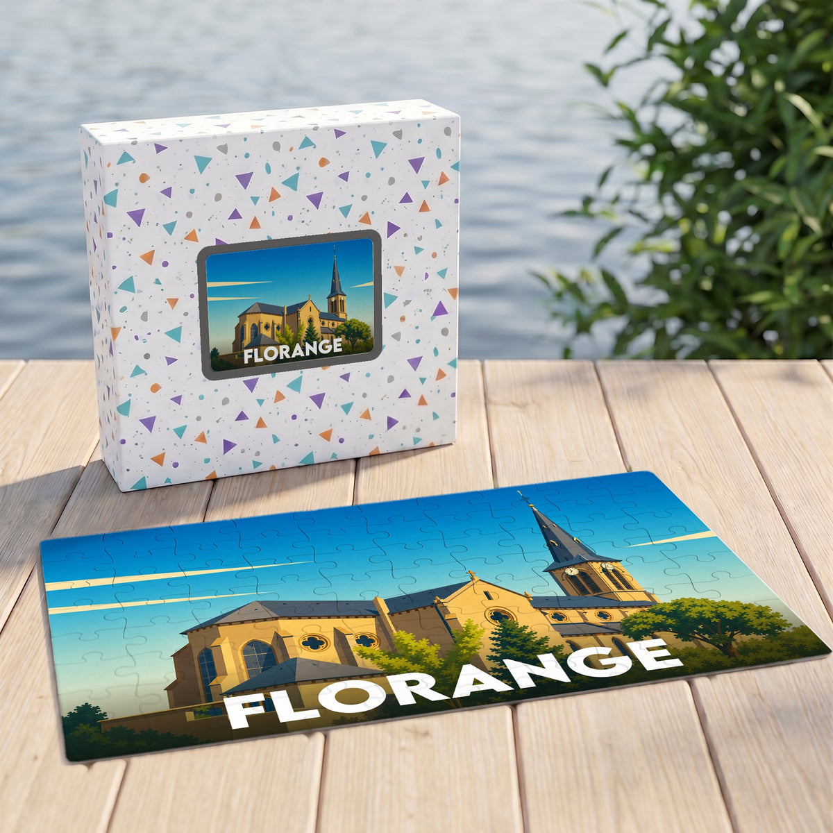 Puzzle souvenir de la ville de Florange avec une illustration stylisée d'une église.